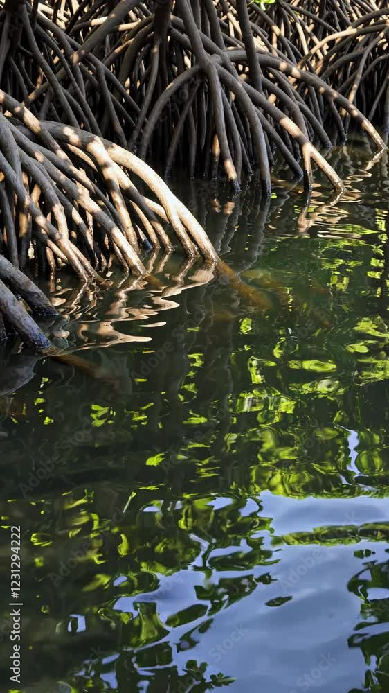 Poster a labyrinth of mangrove roots mirrored in still brackish waters, creating symmetrical natural patter