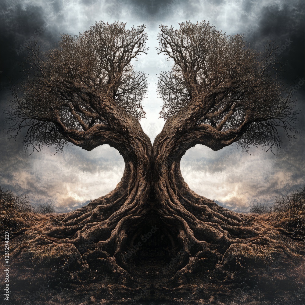 Poster a captivating symmetrical tree with sprawling roots under a dramatic sky, creating a mystical and en