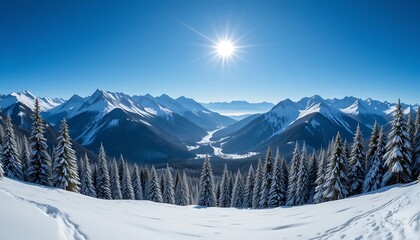 Fototapeta premium Stunning panoramic view of snow-capped mountains and snow-covered evergreen trees under a bright winter sun