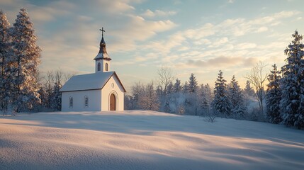 A Tranquil Winter Scene of a Small Church in the Snow
