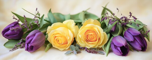Yellow roses and purple tulips with greenery on a soft cream background, HD floral style