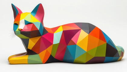 Colorful geometric cat sculpture in vibrant hues and shapes.
