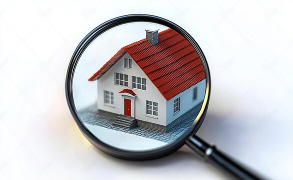 Magnifying Glass Examining a Simple House with Red Roof