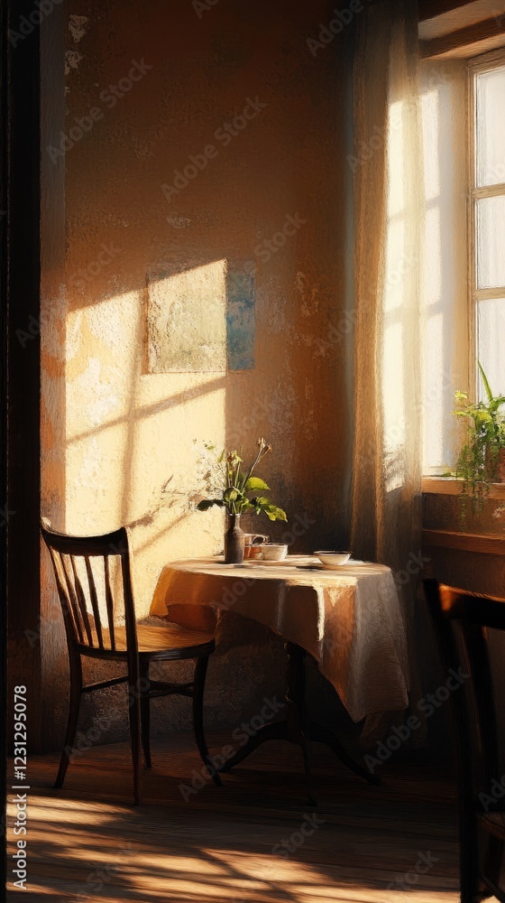 Poster warm sunlight streaming through a window onto a wooden chair and table in a rustic room, creating a 