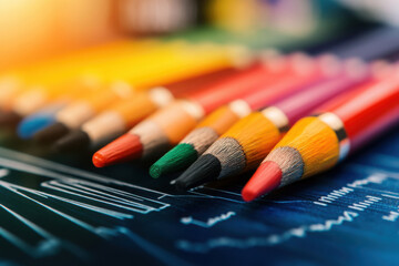 Vibrant colored pencils arranged neatly on a blueprint background.