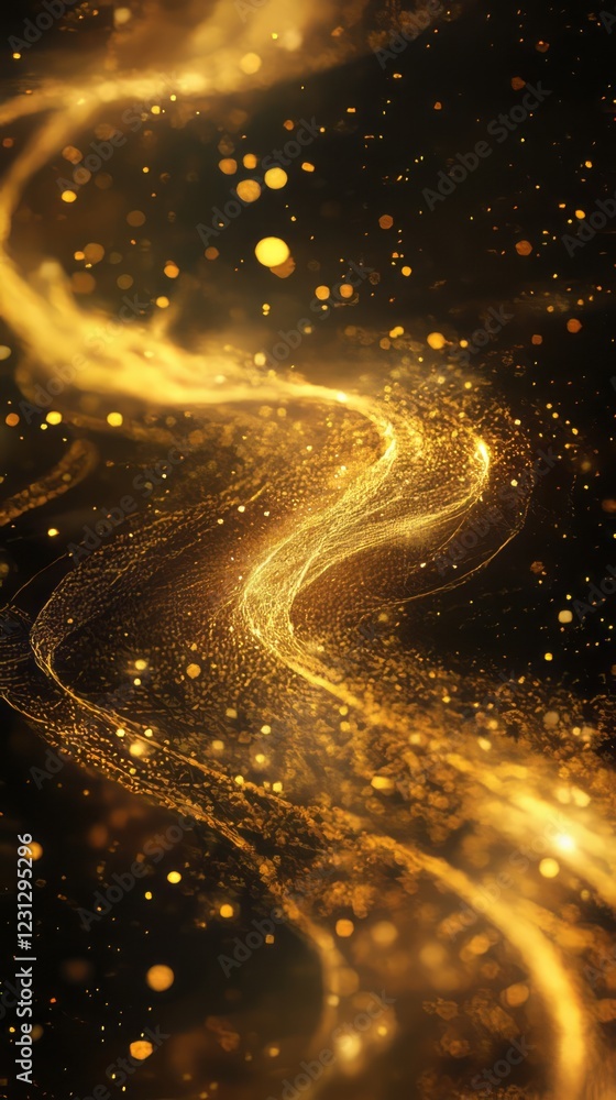 Poster abstract image of golden light trails and sparkling particles on a dark background, evoking a sense 