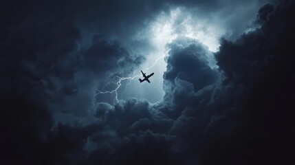 An airplane flying through dark storm clouds illuminated by lightning.