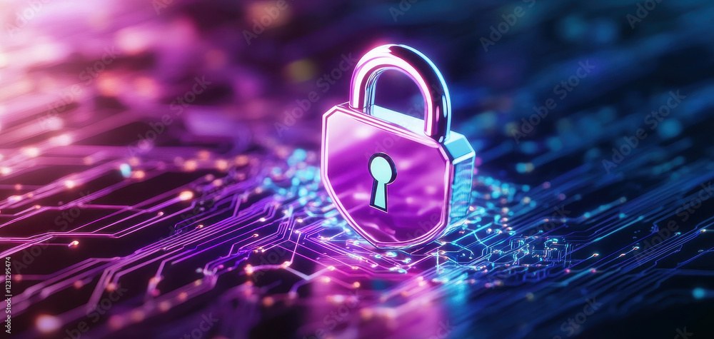 Poster digital encryption padlock with neon circuitry, symbolizing security and technology. vibrant colors 