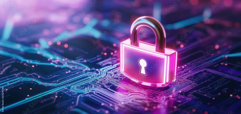 Aufkleber digital encryption padlock with neon circuitry, symbolizing security and technology. vibrant colors 