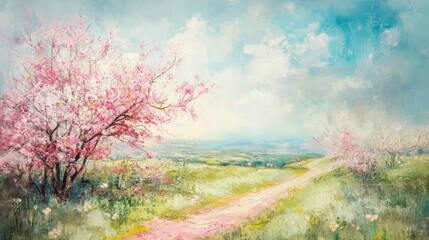 Pink Blossom Tree Landscape Painting Soft Pastel Colors