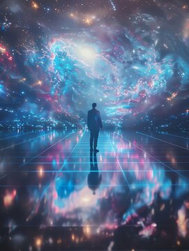 A solitary figure stands in a surreal, futuristic setting, gazing at a vast, colorful cosmic expanse with glowing lights and reflections.