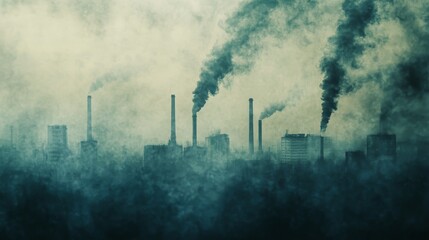 Obraz premium A moody depiction of industrial smoke stacks releasing dark fumes into a dense urban atmosphere, highlighting the challenges of pollution and environmental impact.