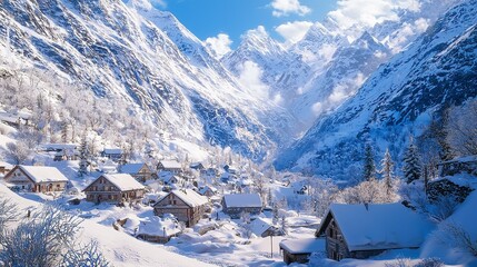 A Winter Wonderland of Snow-Covered Mountains and Pine Trees