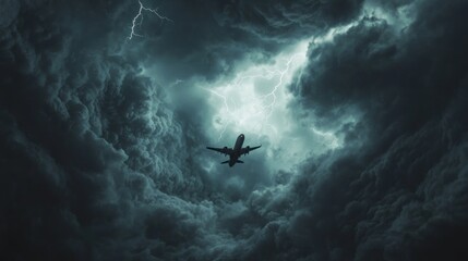 An airplane flying through dark, stormy clouds illuminated by lightning.