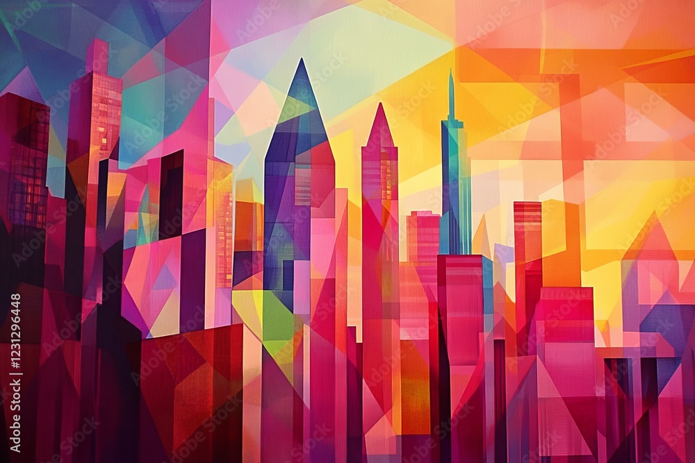 Poster a colorful abstract cityscape featuring geometric skyscrapers and dynamic shapes, creating a vibrant