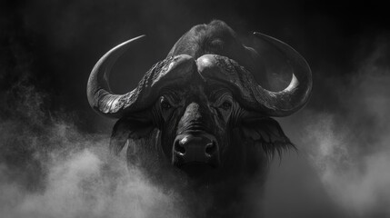 A striking black-and-white portrait of a buffalo with prominent horns amidst a smoky backdrop.