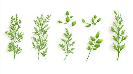 Fresh Green Leaves and Herbs Collection on White Background