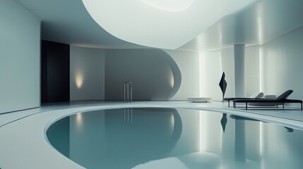 Modern indoor swimming pool with sleek lines, reflective surfaces, and lounge chairs