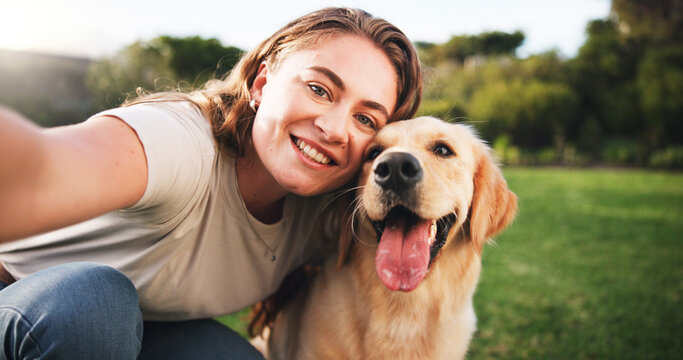 Happy woman, portrait and selfie with dog on grass field for picture, memory or companion in nature. Female person, labrador or golden retriever with smile for capture moment, hug or love for pet