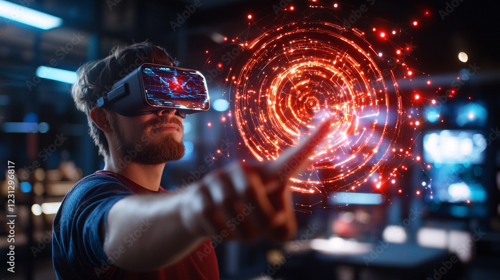 Poster focused young man interacting with a dynamic virtual reality interface in an industrial setting