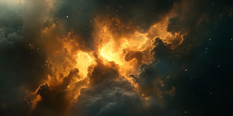A space filled with clouds and stars. The clouds are orange and the stars are scattered throughout the sky