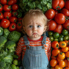 Fototapeta premium Adorable Toddler Making a Pouty Face Surrounded by Fresh Vegetables.