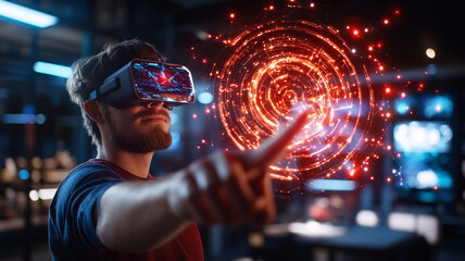 Focused Young Man Interacting with a Dynamic Virtual Reality Interface in an Industrial Setting