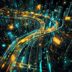 Futuristic Cyberpunk Cityscape with Neon Highways and Skyscrapers