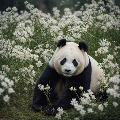Fototapeta premium A pristine white panda with soft fur sitting among delicate white flowers.