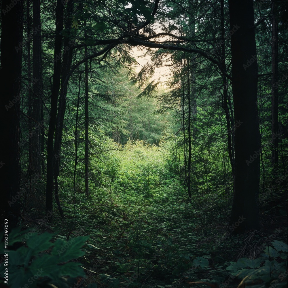Poster a forest with a path through it. the path is surrounded by trees and the sunlight is shining through