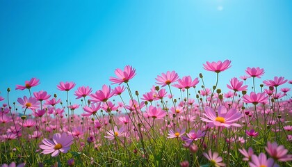 Fototapeta premium Vibrant Pink Cosmos Flowers Blooming in a Field Under a Sunny Blue Sky, A Stunning Floral Display of Nature's Beauty