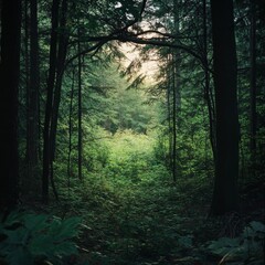 Obraz premium A forest with a path through it. The path is surrounded by trees and the sunlight is shining through the leaves