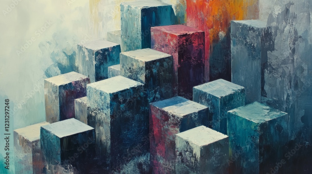 Poster explore an eye-catching abstract painting featuring colorful blocks arranged dynamically. this artwo