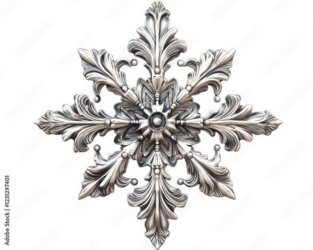 Poster six pointed snowflake design with intricate details, showcasing elegant patterns and central gem. th