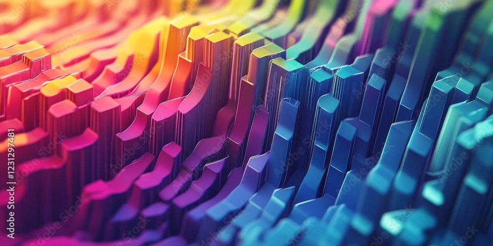 Poster explore a vibrant abstract landscape featuring colorful textured patterns in three-dimensional desig