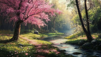 Obraz premium Pink Cherry Blossoms Frame Serene Forest River Scene