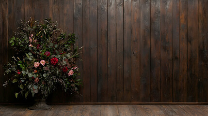 Fototapeta premium Dark wood wall backdrop with floral arrangement