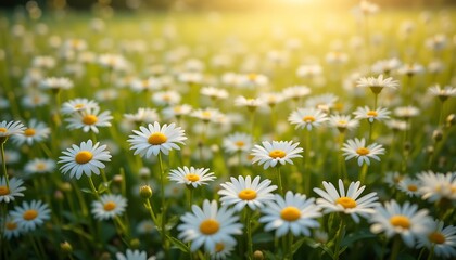 Beautiful field of daisies in the warm summer sunlight, idyllic meadow of blooming white flowers with yellow centers, peaceful nature scene © FrameExpert