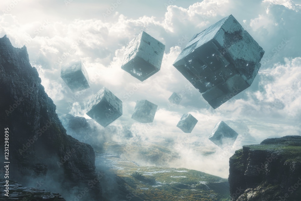 Poster mysterious floating cubes hover over a misty mountain landscape, creating a surreal and dreamlike at