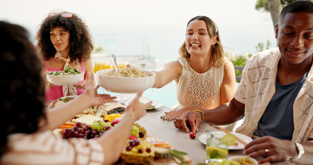 Food, lunch party and people outdoor for Presidents day celebration together with bonding. Happy,...
