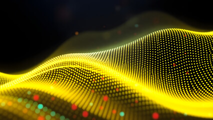 a mesmerizing abstract wave composed of luminous yellow dots against a black backdrop,  sparkling with vibrant flecks of color for a captivating futuristic or technology-themed design. 