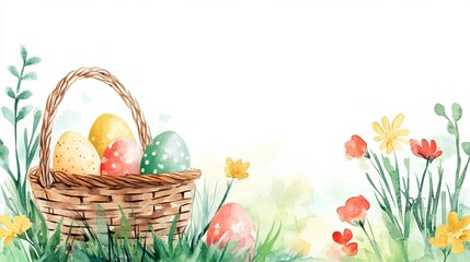 Beautiful Watercolor Easter Basket Filled with Colorful Eggs and Delicate Flowers on a Soft Pastel Background Capturing the Joyful Spirit and Festive Essence of Spring Celebrations and Traditions