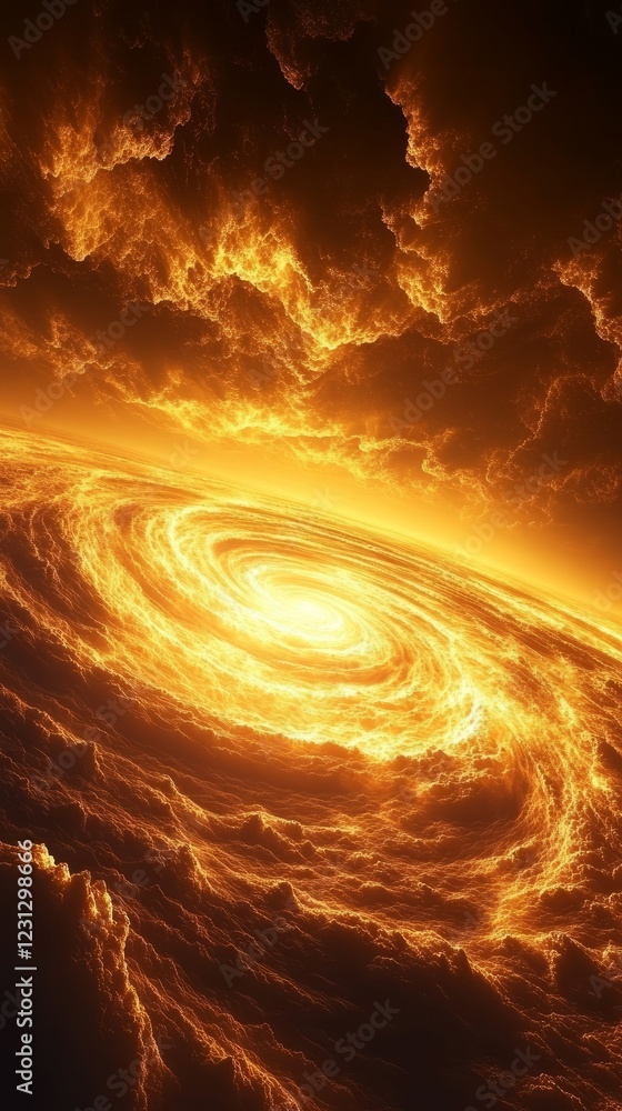 Poster a captivating image of a fiery cosmic vortex with swirling clouds and intense light, creating a dram