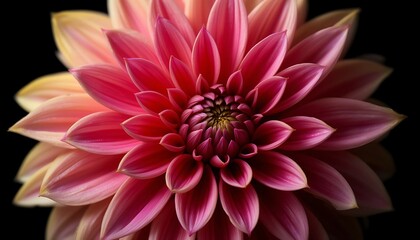 Obraz premium Close-up of a vibrant pink dahlia flower with delicate petals against a dark background, showcasing its intricate details and radiant beauty.