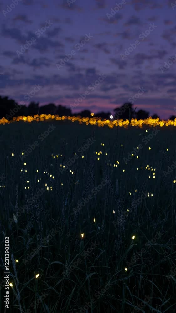 Aufkleber an enchanting meadow at dusk filled with dancing fireflies, illuminated by the last warm rays of the