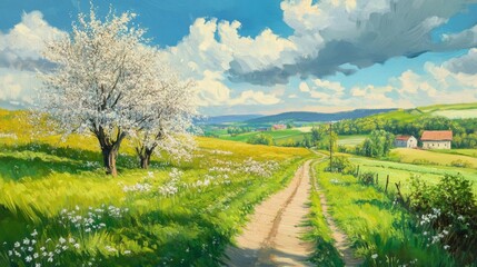 Obraz premium Spring Landscape with Blossoming Trees and Dirt Road