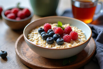 Creamy oatmeal topped with fresh blueberries and raspberries, served with tea