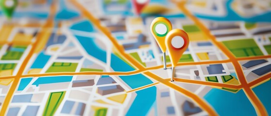 Close-up of a city map with colorful location markers, highlighting urban planning, travel destinations, and navigation routes.
