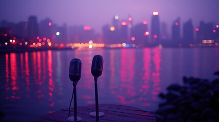 Retro Microphones on a Table with Cityscape in Background at Dusk