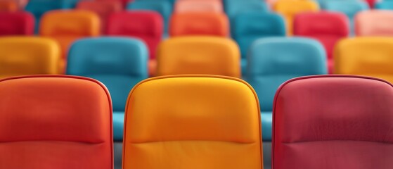 Fototapeta premium Close-up view of colorful auditorium or theater seats in rows, creating a vibrant and lively arrangement. Perfect for event or venue illustration.